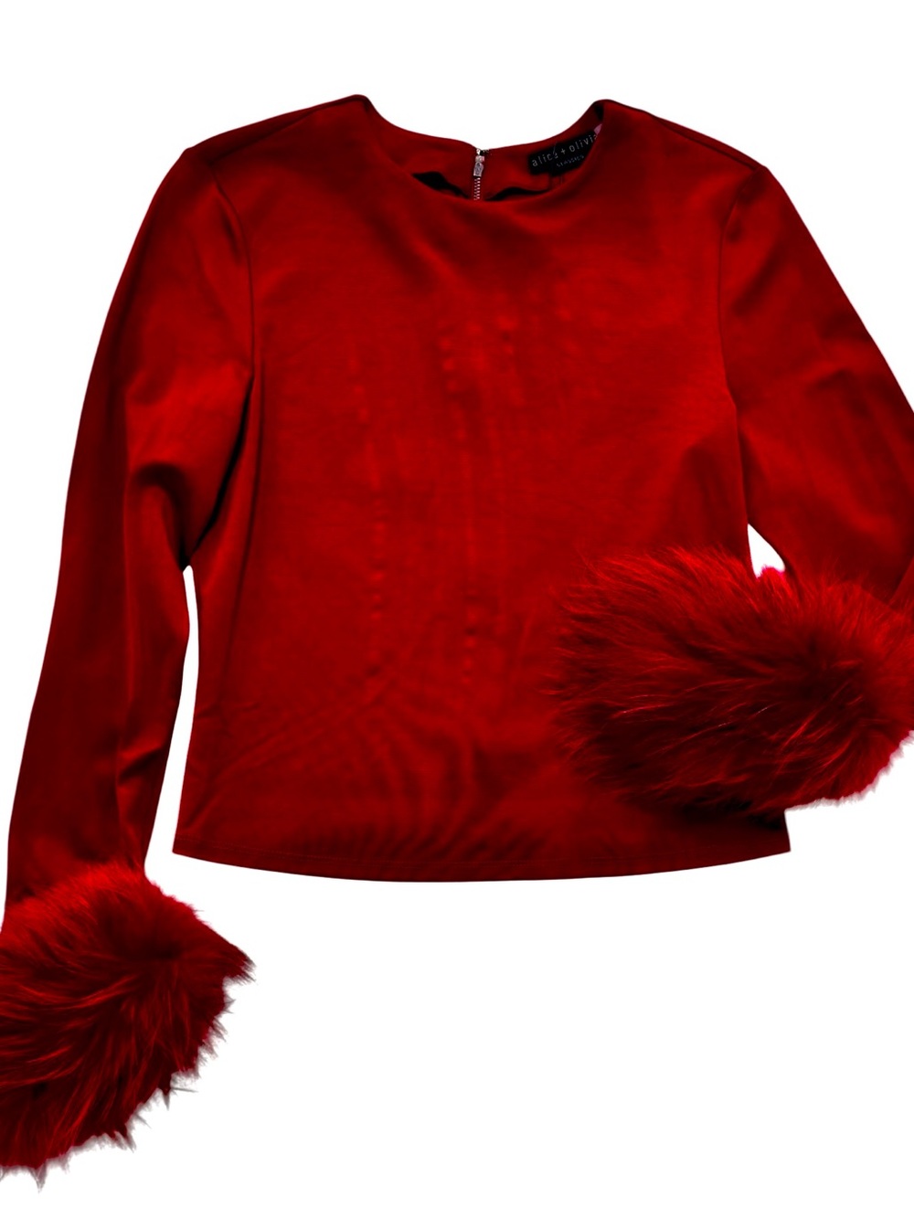 Alice & Olivia Red Fox Fur Cuff Long Sleeve Top - Picture 1 of 7